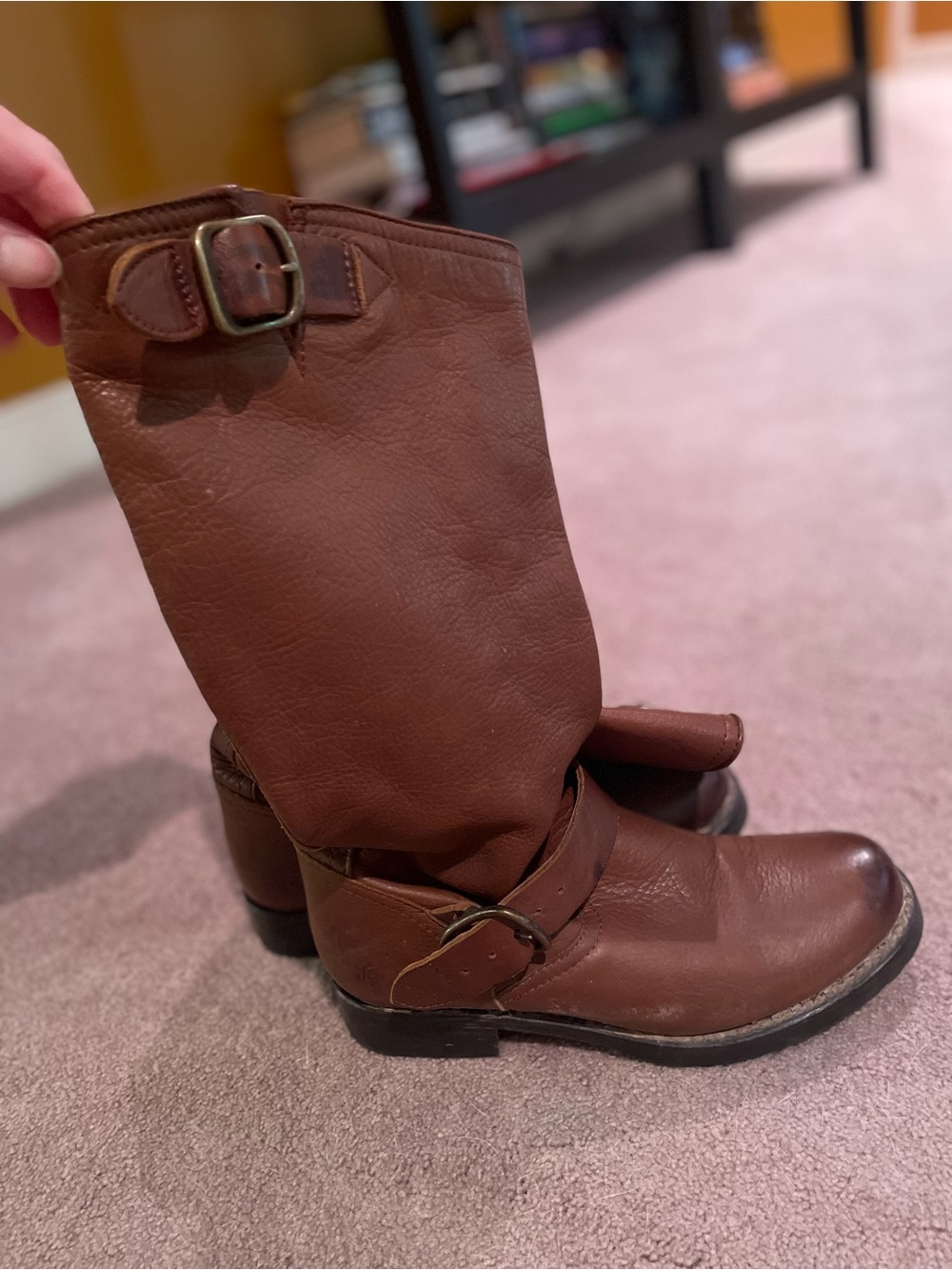 Frye Brown Leather Mid-Calf Buckle Heeled Boots